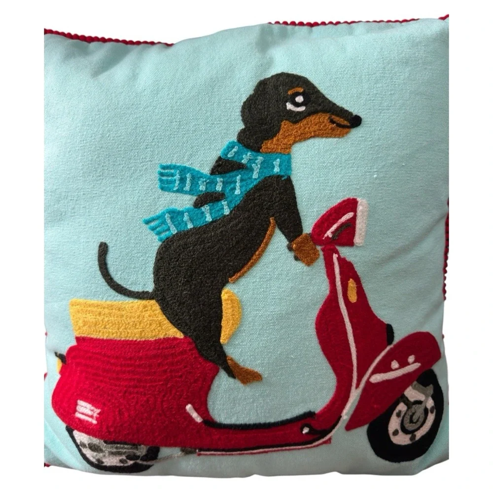 Dachshund Dotson Dog Scarf Riding Vespa Scooter Karma Living Embroidered Pillow